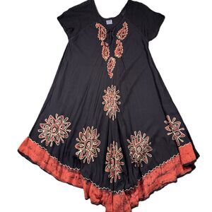 Palak Women Midi Dress Batik Hindi Sheer Cap Sleeve Caftan Embroidered L/XL L112